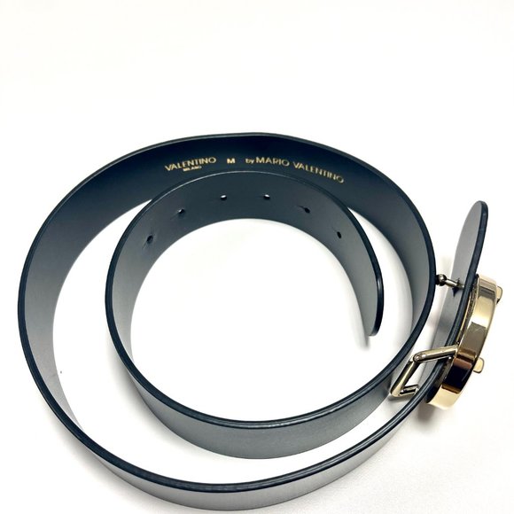 Valentino Giusy V-Logo Black Gold Leather Belt (Size M) - Picture 5 of 8